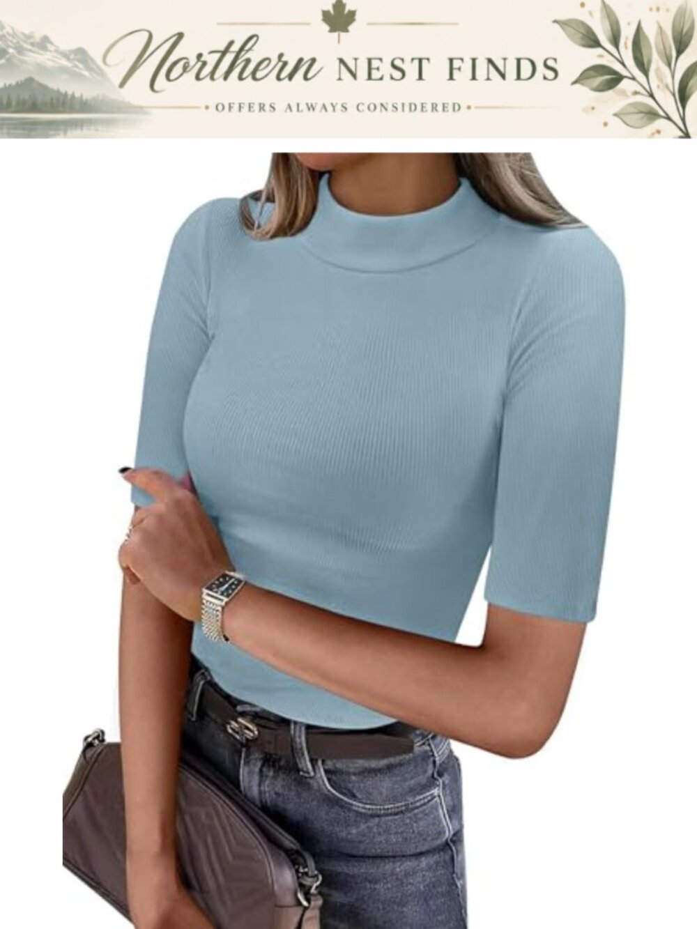 Mock Neck Half Sleeve Ribbed Knit Slim Fit T-Shirt Dressy Casual Top